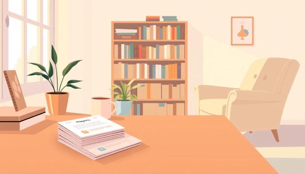 A calm, serene illustration of a "Phlegmatic Personality Quiz" against a soft, pastel-tinted background. In the foreground, a stack of quiz cards with minimalist graphics and neutral color palettes lies atop a wooden desk, illuminated by warm, natural lighting from a window to the side. The middle ground features a potted plant and a mug of hot tea, evoking a sense of relaxation and contemplation. In the background, a bookshelf filled with self-help and psychology books adds an intellectual touch, while a cozy armchair invites the viewer to sit and ponder their own phlegmatic tendencies. The overall atmosphere is one of tranquility, introspection, and a gentle exploration of one's personality.