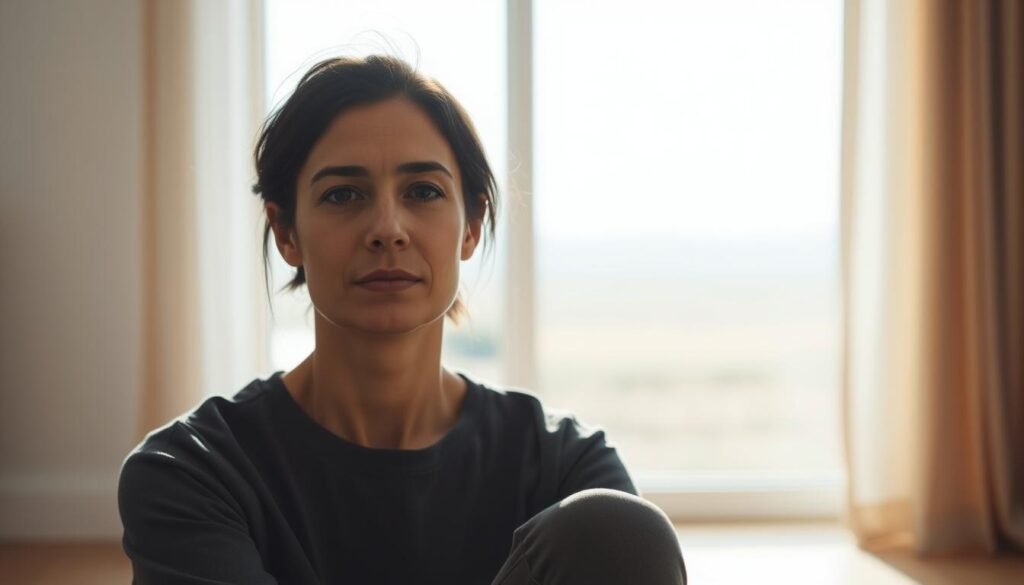 A serene, contemplative portrait of a phlegmatic individual, bathed in soft, natural light. In the foreground, a person sits with a calm, measured expression, radiating an air of patience and emotional stability. The middle ground features subtle, muted colors and textures, creating a soothing, minimalist atmosphere. In the background, a tranquil landscape or indoor scene, devoid of distractions, reinforces the subject's unhurried and adaptable nature. The overall composition conveys a sense of balance, composure, and an unwavering, unflappable presence.
