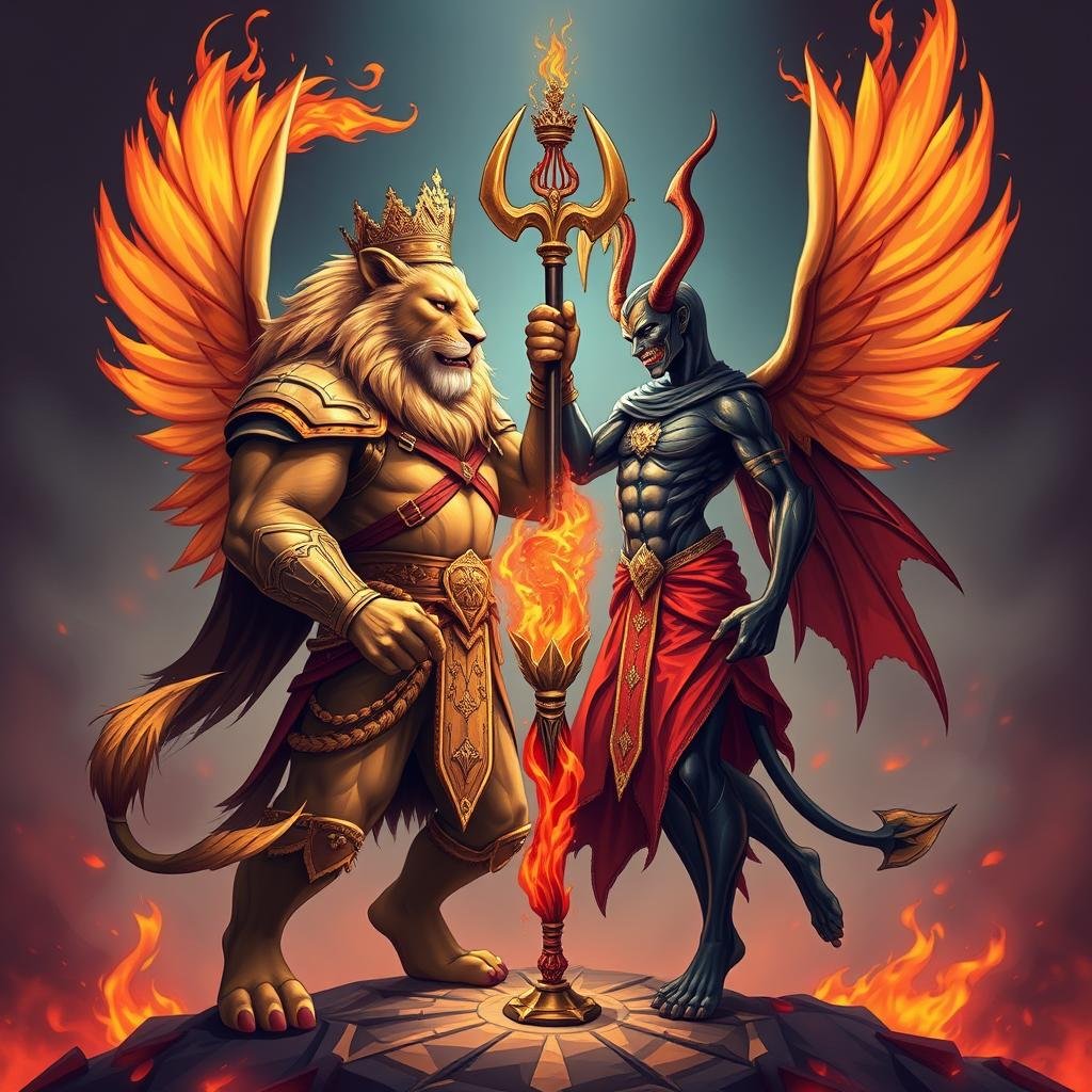 Captain Lion and Devil Angel relationship dynamic showing strength and passion interacting Captain Lion and Devil Angel relationship dynamic showing strength and passion interacting