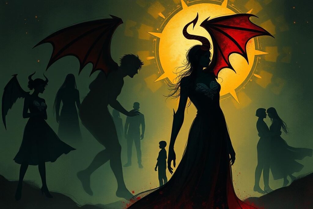 Illustration depicting Devil Angel relationship with past lovers and patterns that emerge Illustration depicting Devil Angel relationship with past lovers and patterns that emerge