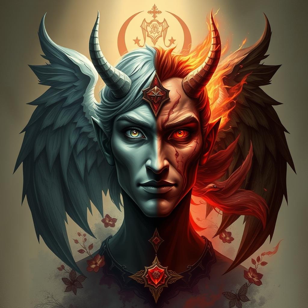 Illustration of Devil Angel personality traits showing the contrasting elements of their nature Illustration of Devil Angel personality traits showing the contrasting elements of their nature