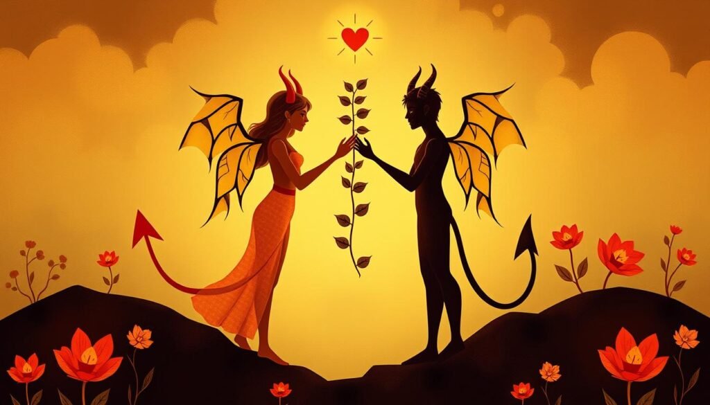 Illustration summarizing key insights for successful Devil Angel relationships Illustration summarizing key insights for successful Devil Angel relationships