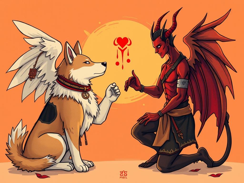 Loyal Dog Hachiko and Devil Angel compatibility illustration showing stability meeting passion Loyal Dog Hachiko and Devil Angel compatibility illustration showing stability meeting passion