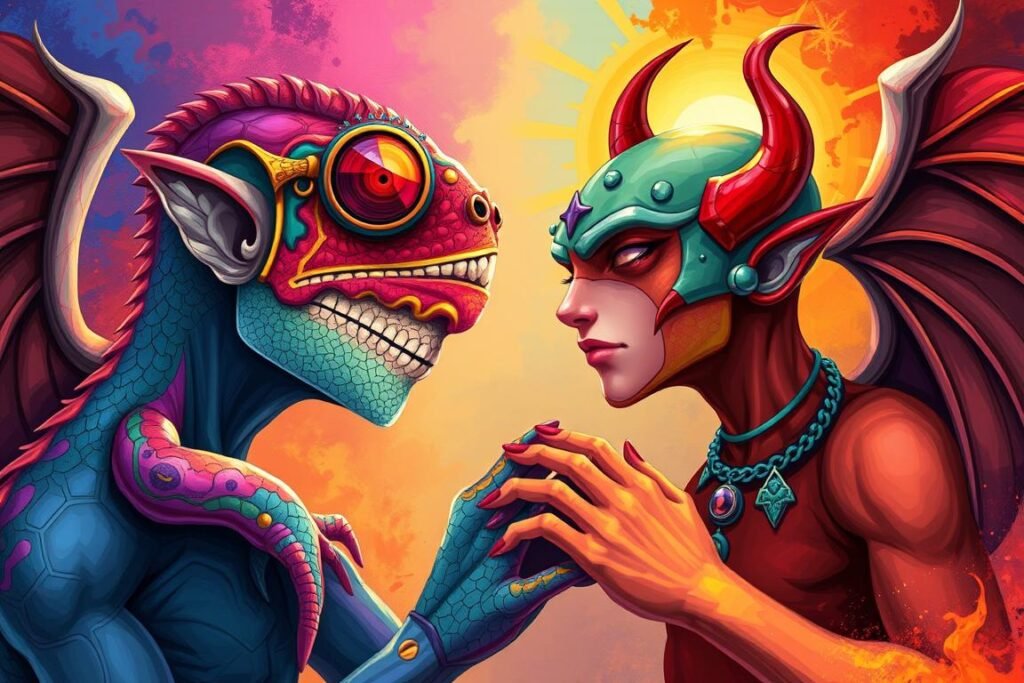 Perfect Chameleon and Devil Angel compatibility illustration showing their harmonious relationship dynamic Perfect Chameleon and Devil Angel compatibility illustration showing their harmonious relationship dynamic