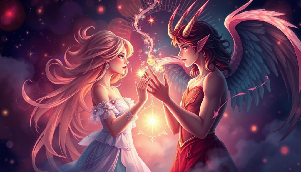 Romance Magician and Devil Angel relationship illustrated with magical and passionate elements intertwining Romance Magician and Devil Angel relationship illustrated with magical and passionate elements intertwining